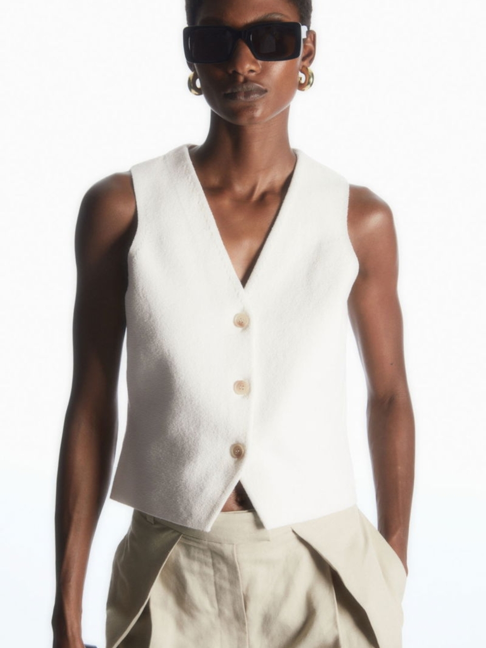 COS Cream Color Cotton-Blend Button-Front Sleeveless Sweater Vest Small